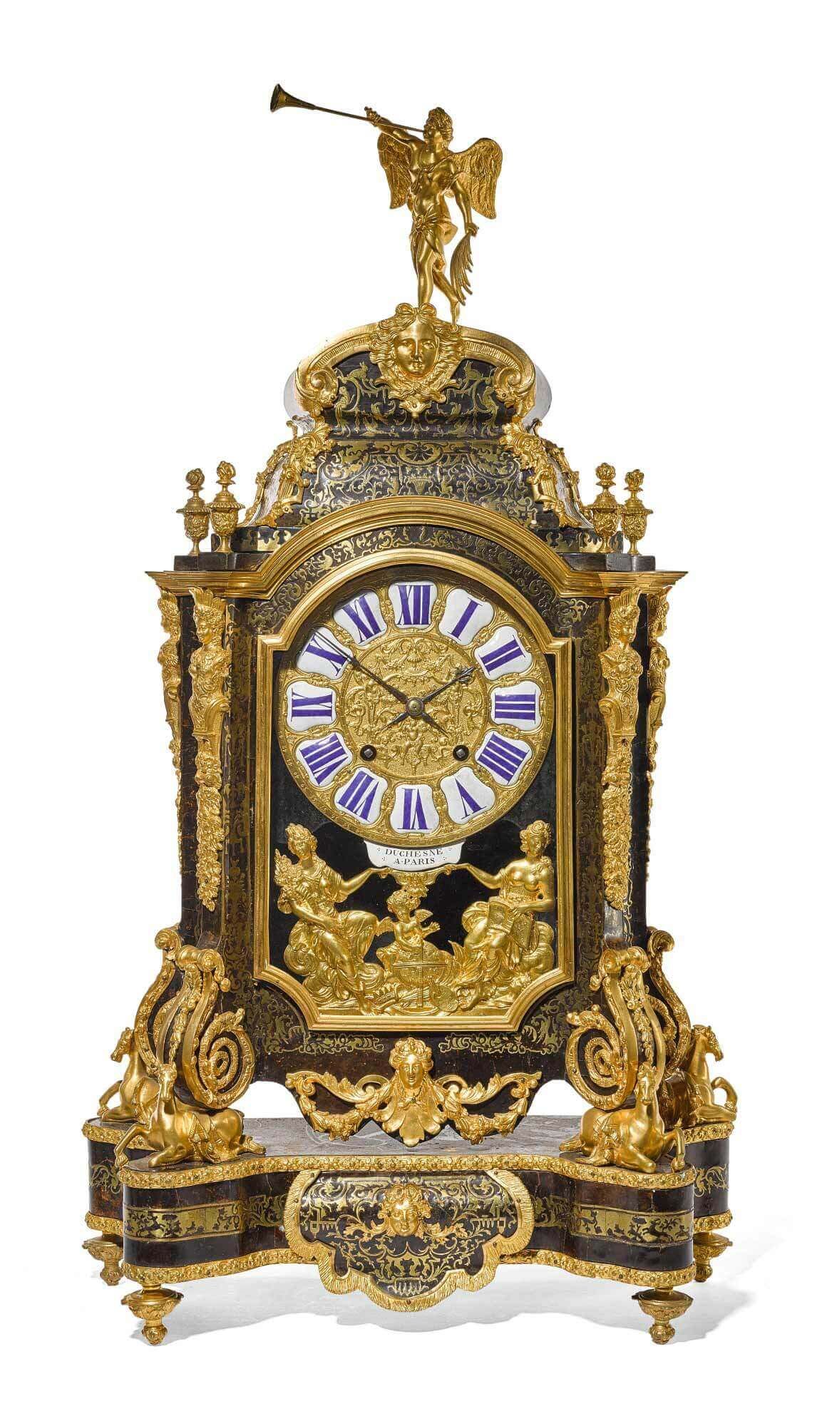 A Louis XIV ormolu mounted tortoiseshell and brass Boulle-inlaid table clock by Pierre Du Chesne, Paris, circa 1705. Courtesy, Sotheby’s
